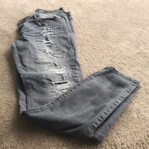Distressed denim jeans